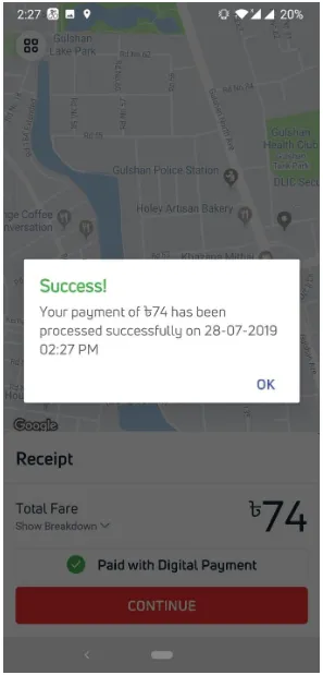 Step 8: User notified for the successful payment, and the bKash account is securely saved.