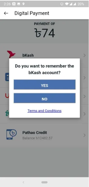 Step 3: User selects bKash YES to create an agreement.