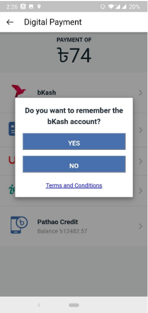 Step 3: User selects bKash YES to create an agreement.