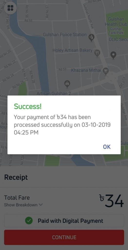User is notified for the successful payment from Pathao App, and the OK Wallet account is securely saved.